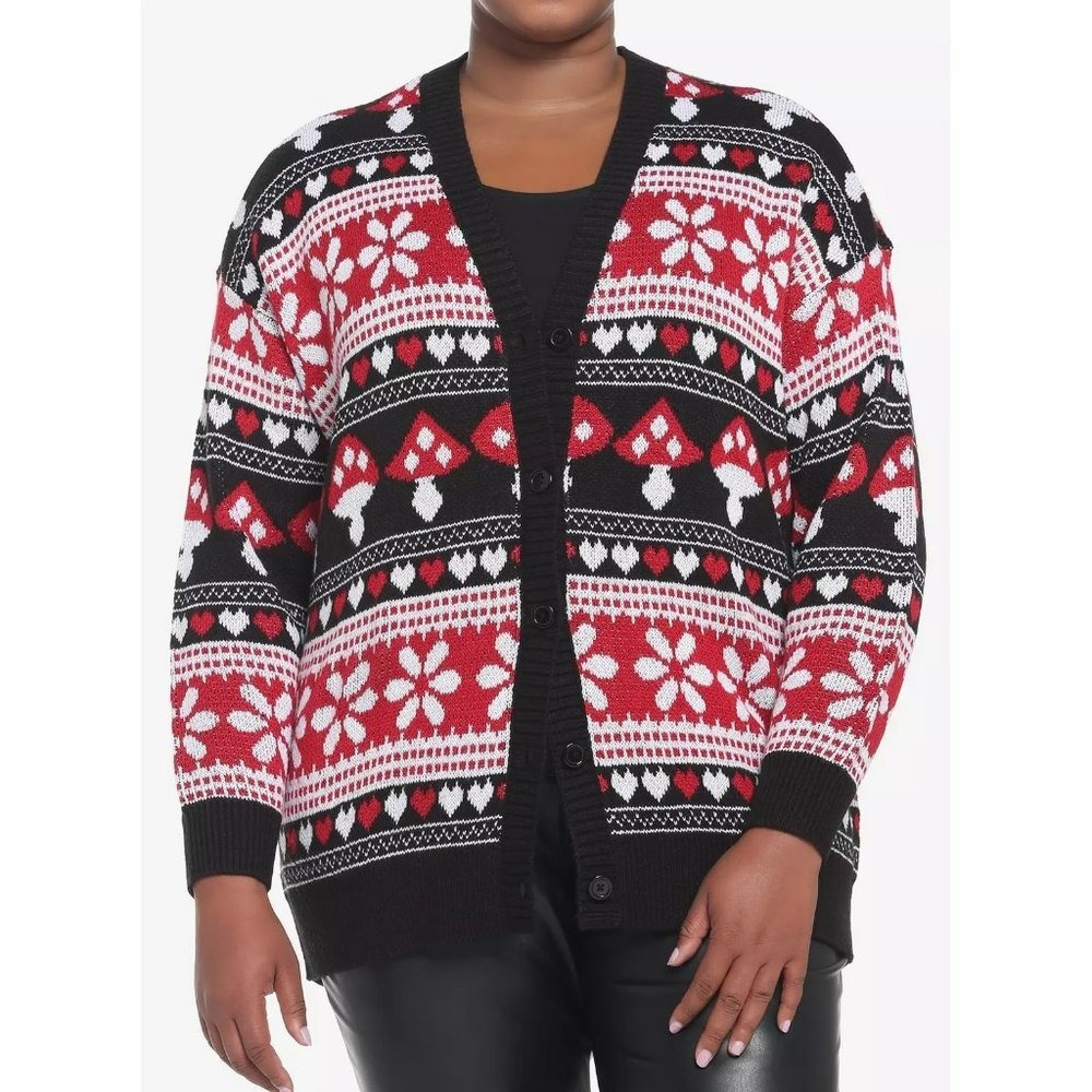 Thorn & Fable Cardigan Sweater 2X Plus NWT Red Black Mushrooms Hearts Goth